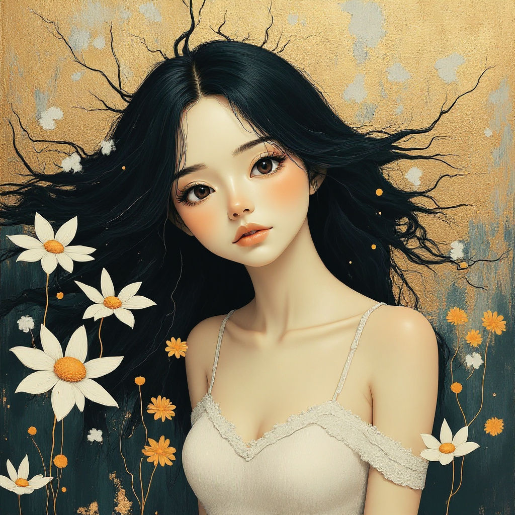 Portrait of Woman with Daisies in Digital Painting Style
