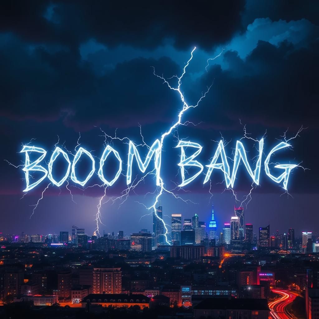 Electrifying Lightning Forms Words Over Neon City