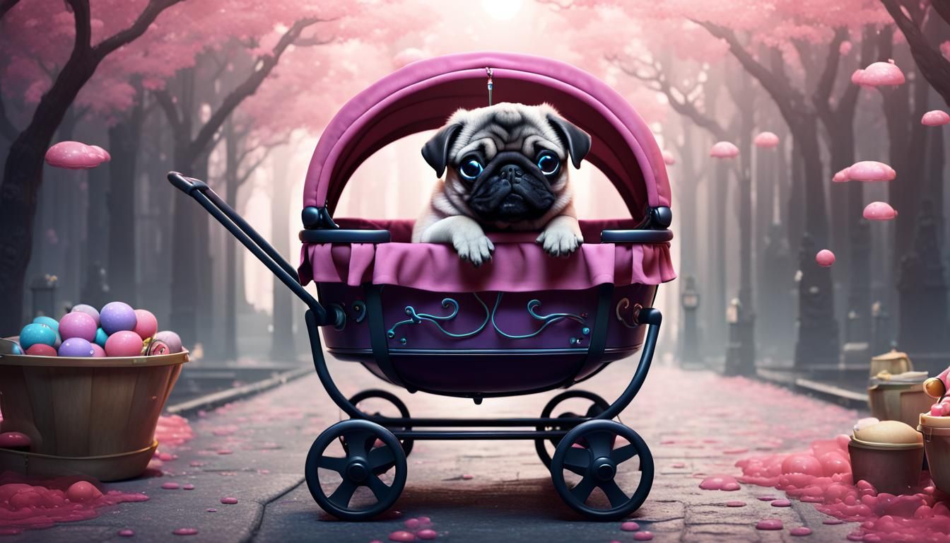 Kawaii Baby Pug in Pram: Detailed Matte Painting