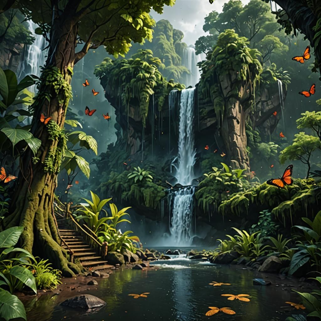 Rainy Waterfall Scene with Archer Centaurs