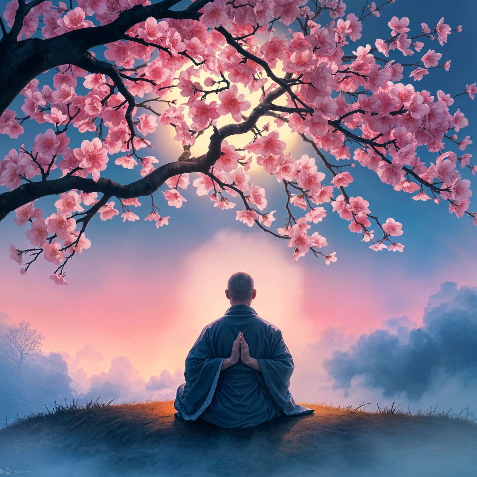 Monk Meditating Under Cherry Blossom Tree at Twilight