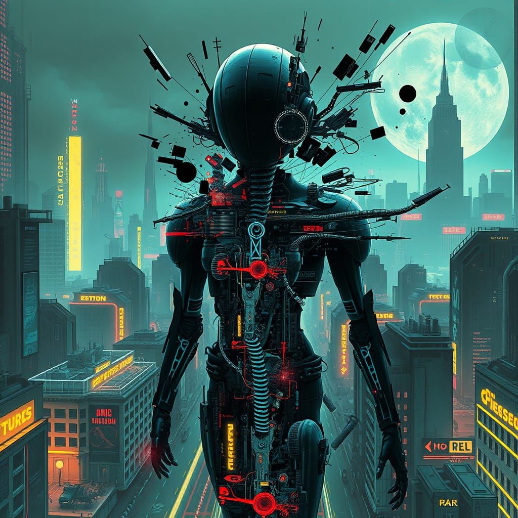 Cyberpunk Dystopia: Shattered Humanoid in Neon Cityscape