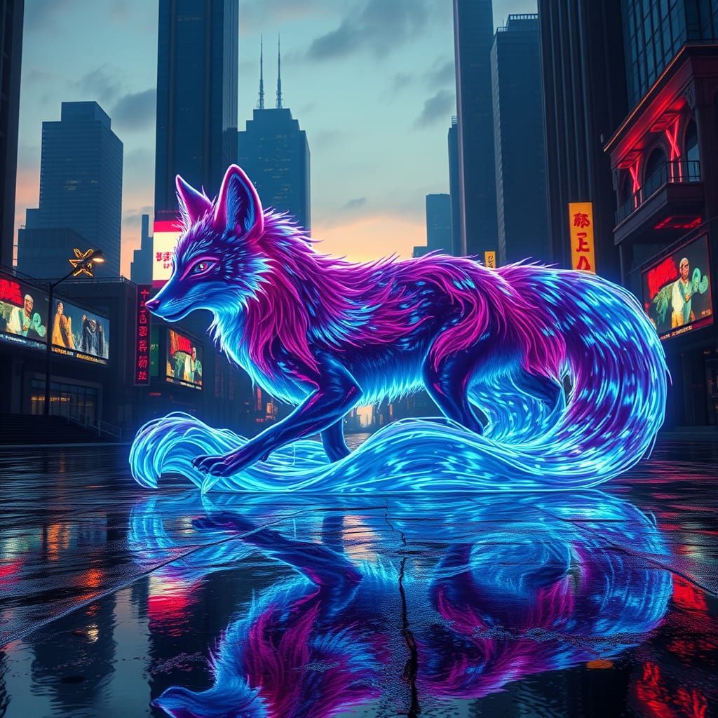 Water Fox in Neon Dystopian Cityscape