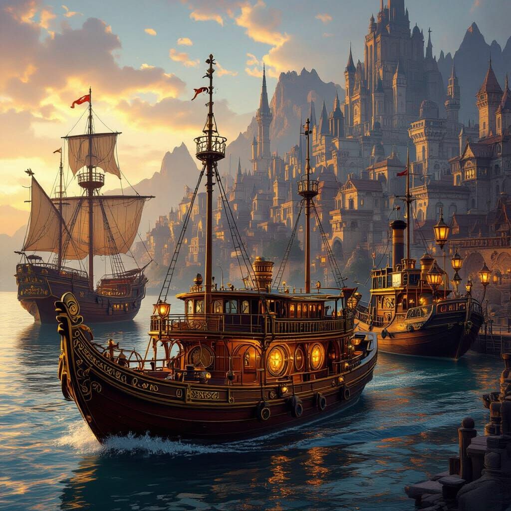 Steampunk Paddle Boat Enters Fantasy Port at Sunrise