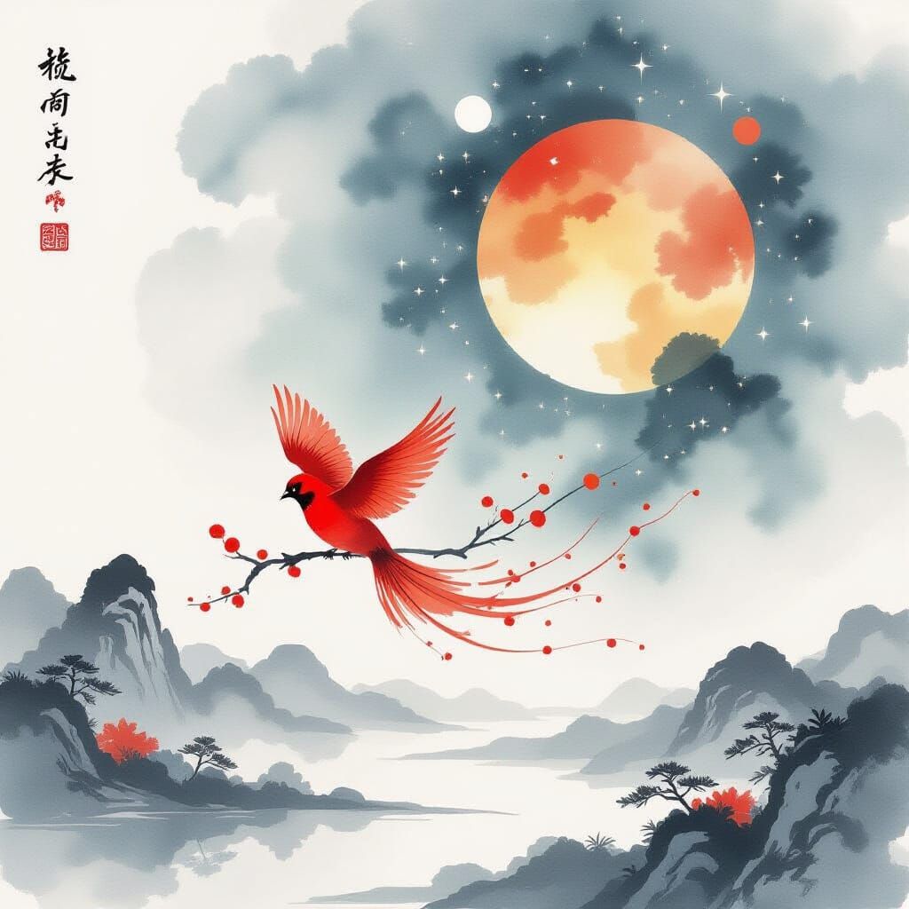 Red Bird Transforms into Ink Celestial Art