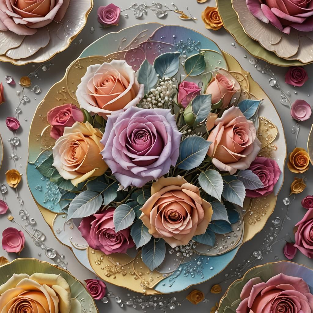 Dew-Kissed Multi-Colored Roses on Chinaware Plate