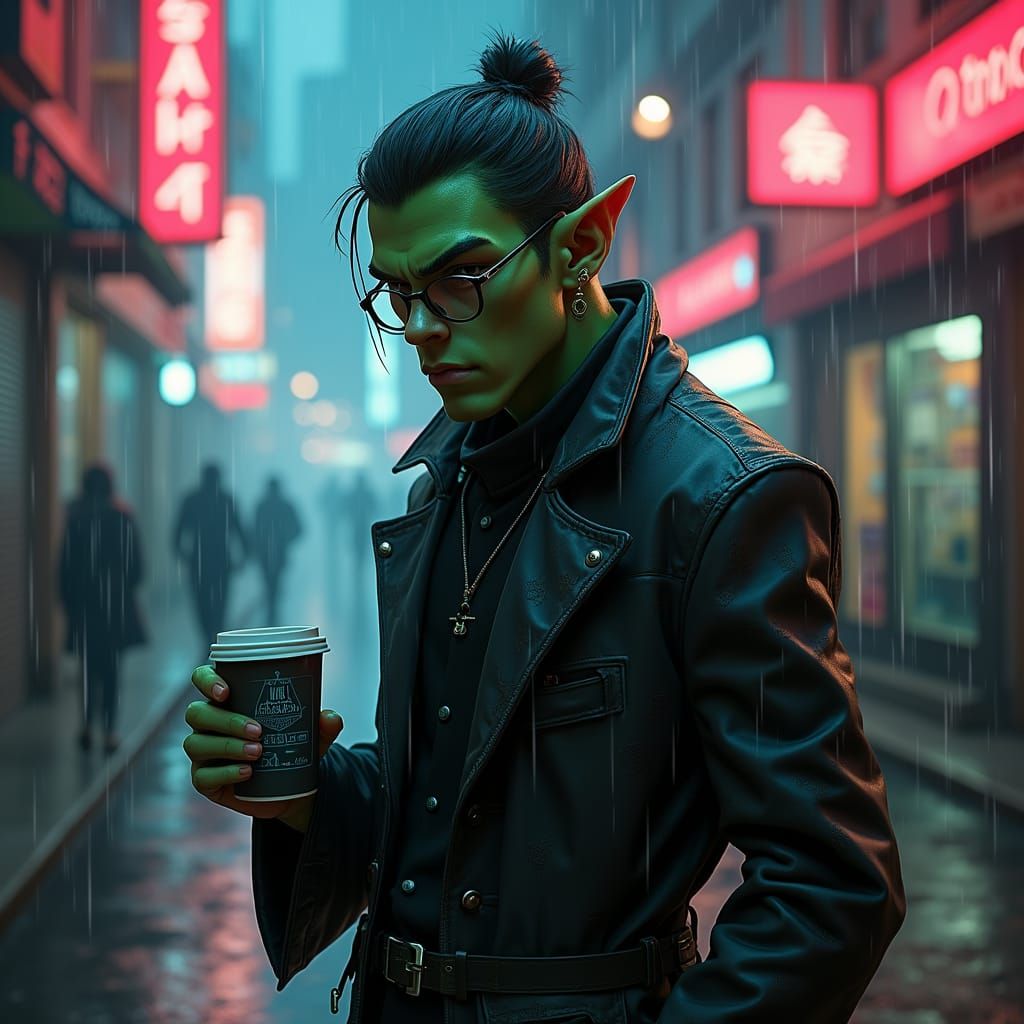 Cyberpunk Scholar Orc in Neon City Alley