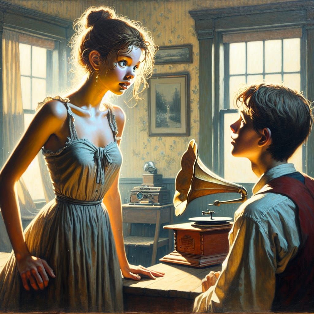 Americana Oil Painting of Teen Girl with Boy