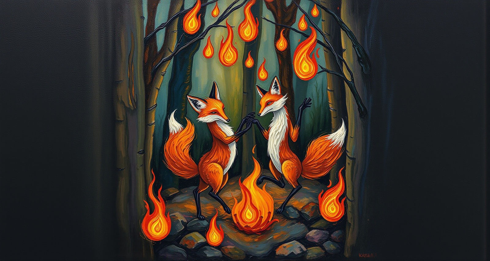 Foxes in Midsummer Fires: An Expressionist Impasto Painting