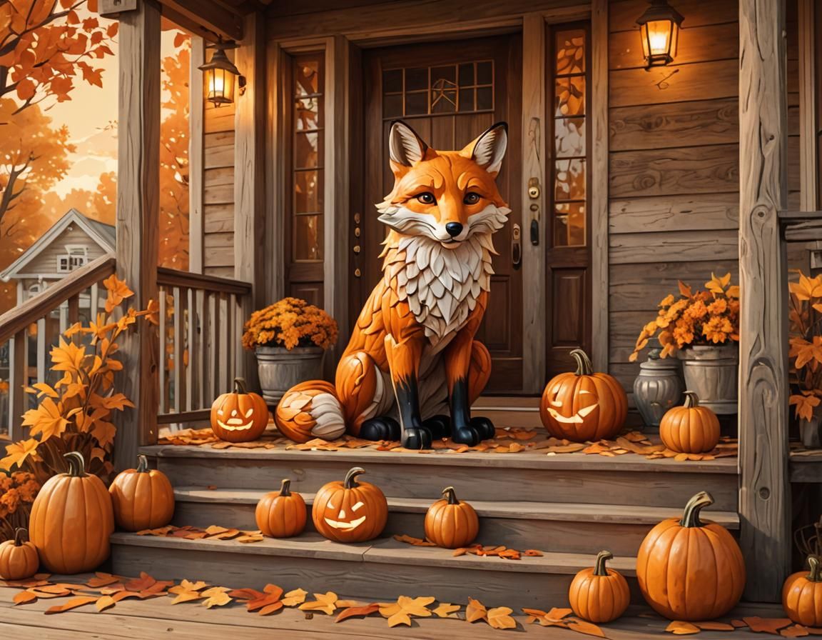 Whimsical Autumnal Fox Lantern on Rustic Porch