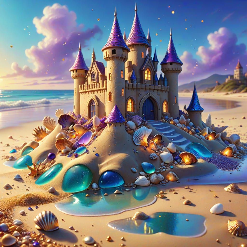 Fey Spirits Build Sandcastle: Vibrant Oil Painting