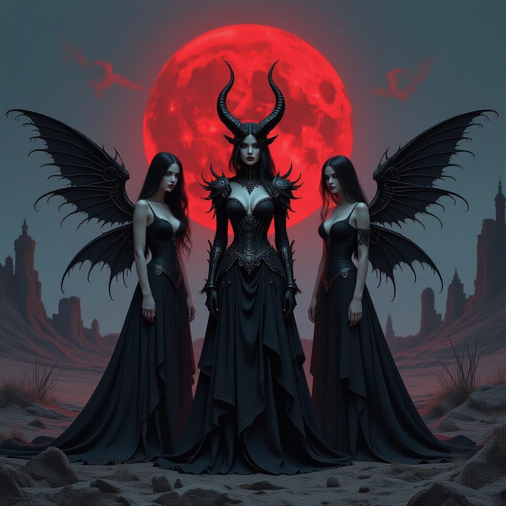 Gothic Cyborg Vampire Lovers in Desolate Landscape