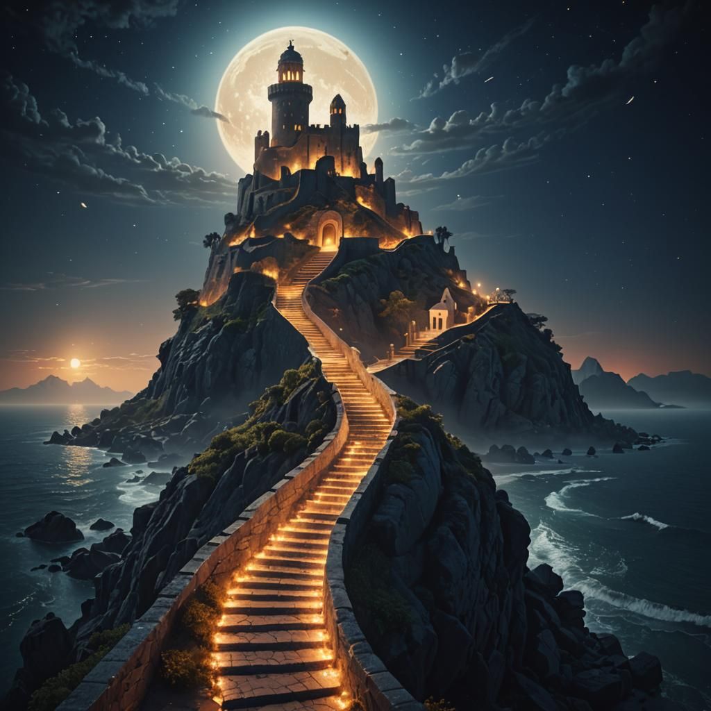 Fortress Island at Night: Cinematic Digital Painting