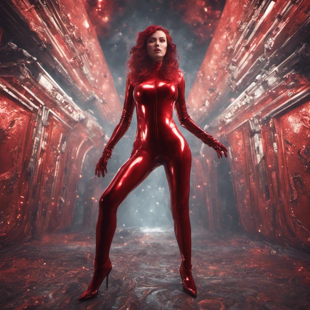 Metallic Red Latex Catsuit Woman in Detailed Matte Painting