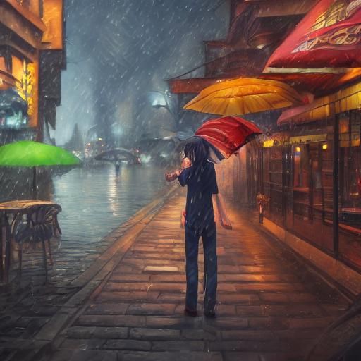 Anime Guy Smiling in Midnight Rain: Detailed Digital Art