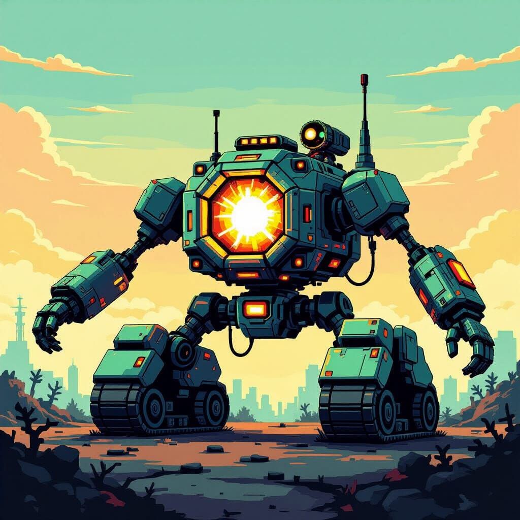Pixel Art Post-Apocalyptic Robot in Retro Atomic Style