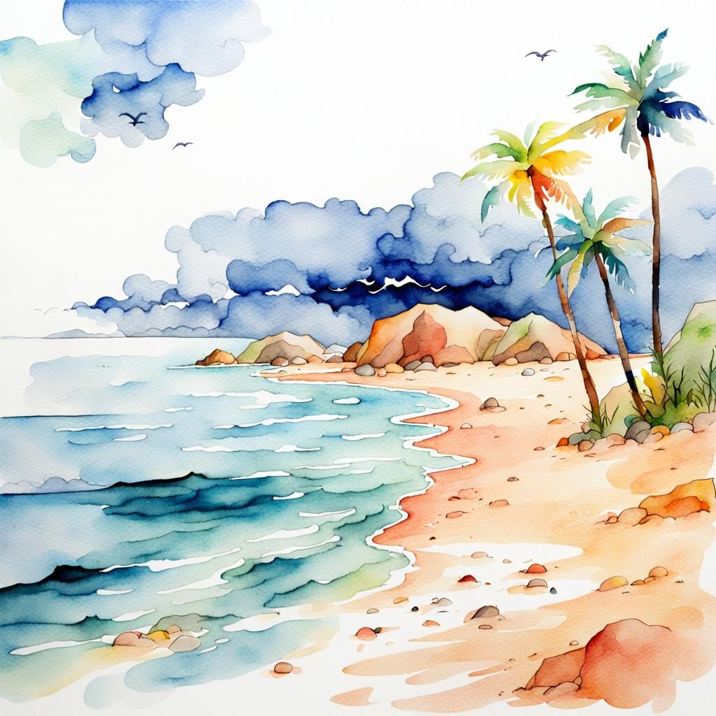 Tranquil Watercolour Beach Scene