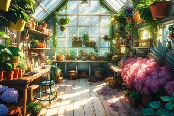 Solarpunk Greenhouse Room Filled with Flowers
