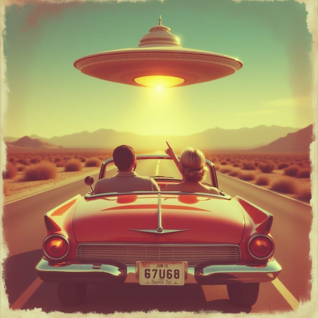 Retro Sci-Fi Couple Spot UFO in Polaroid Style