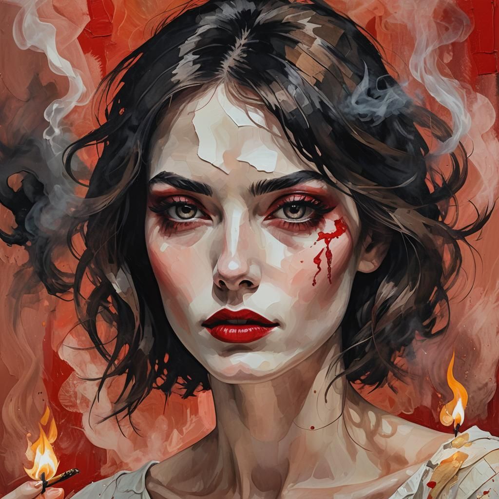 Expressionist Portrait with Match in Mixed Media Collage