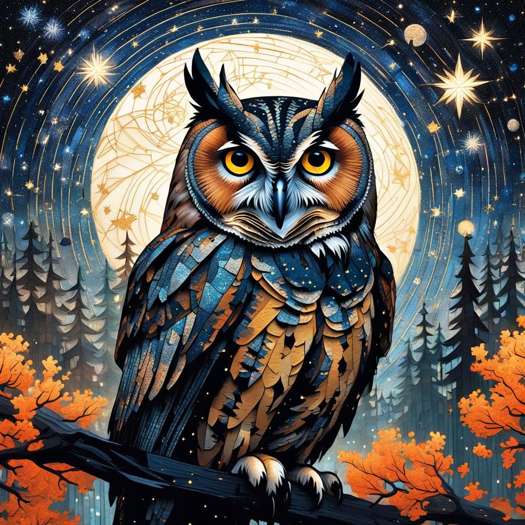 Starry Owl Puzzle Collage in Surreal Style