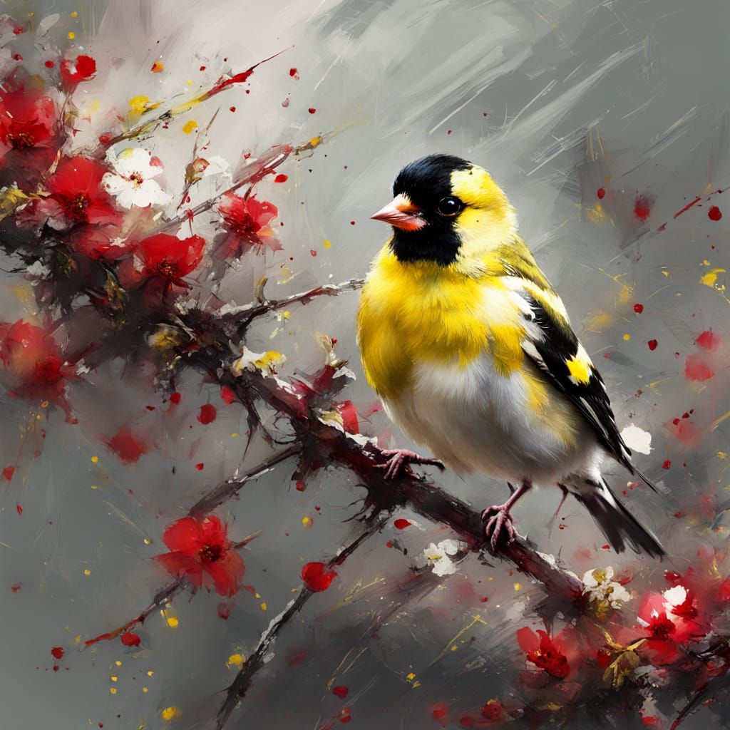 elegant goldfinch on red appleblossum tree