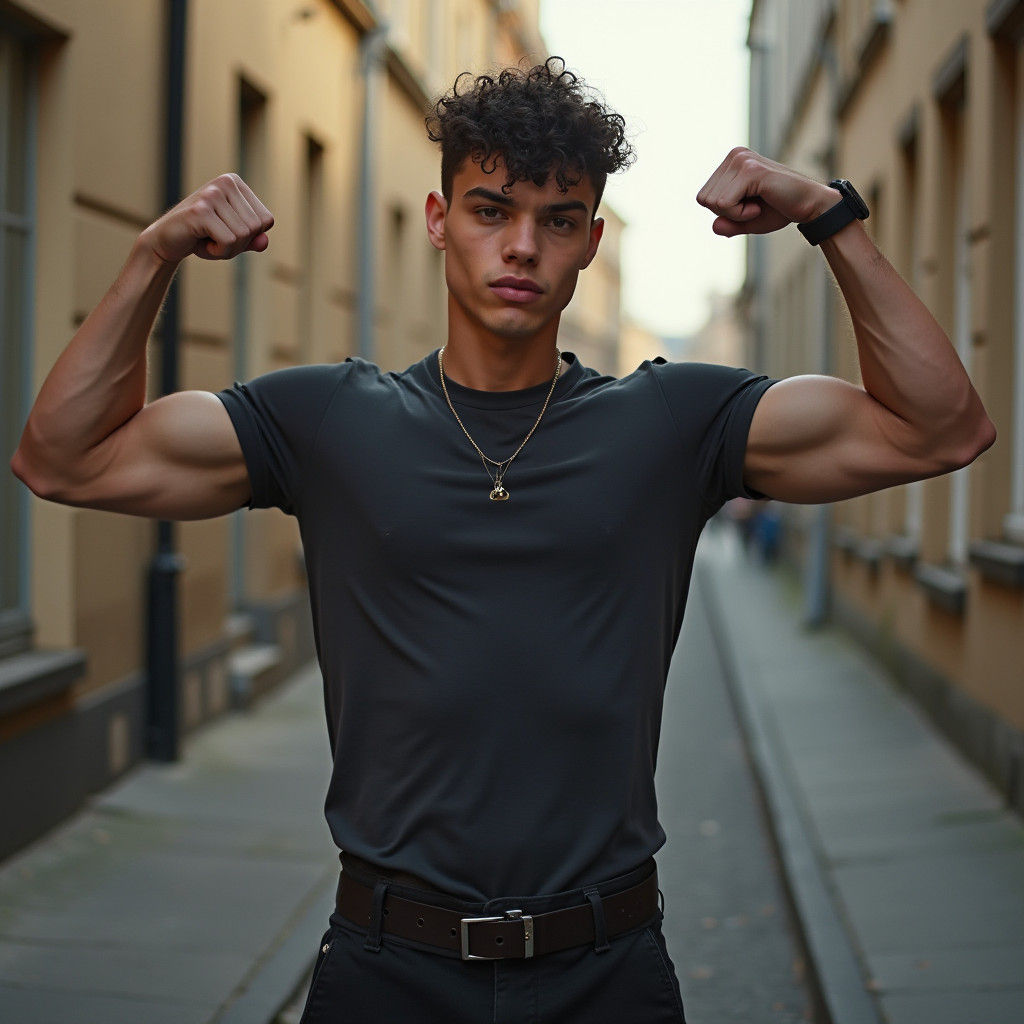 Confident Young Man Flexing Muscles in Streetwear