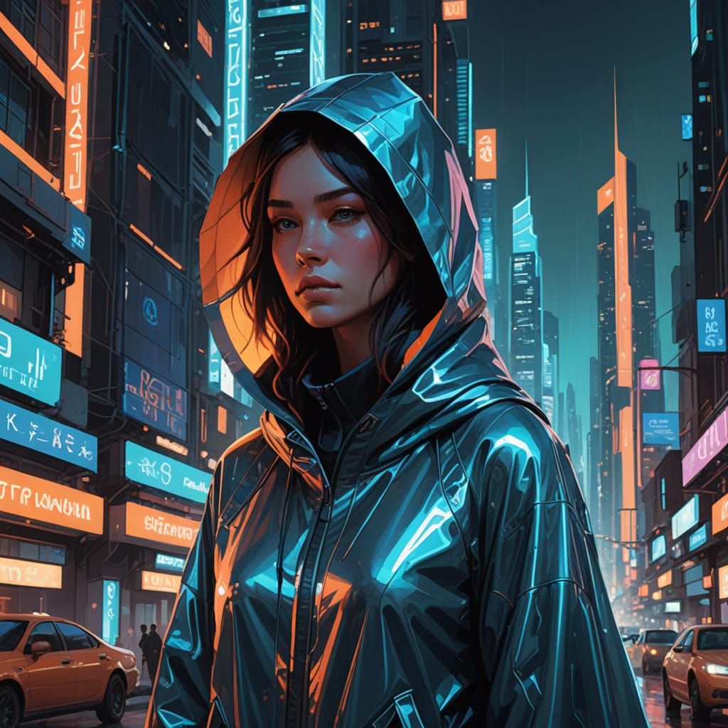 Young Futuristic Woman in Cityscape