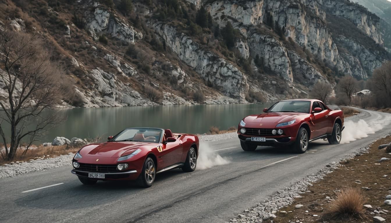 Red Ferrari Roma Pick-up Ute in Frozen Gorges