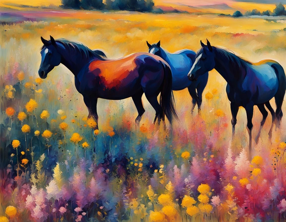 Abstract Expressionist Horses in a Fauvist Field