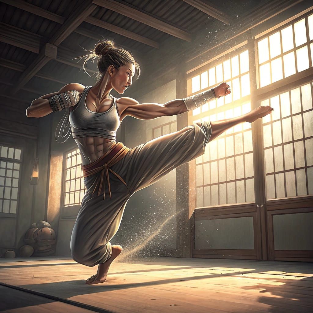 Photorealistic full body shot of a woman martial artist practicing martial art in a dojo wearing a tight outfit. Her lit...
