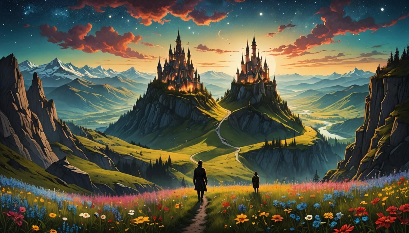 Surreal Yin Yang Landscape with Fairytale Castles