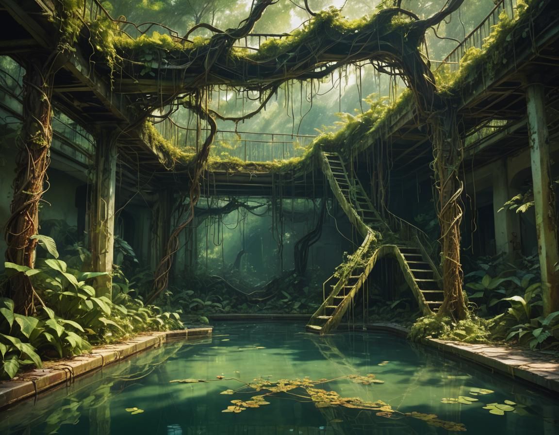 Overgrown Abandoned Pool in Tropical Forest: Oil Painting