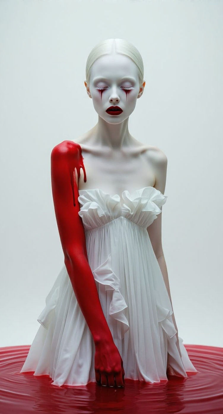 Ethereal Woman with Red Arm: a Hyper-Realistic Portrait