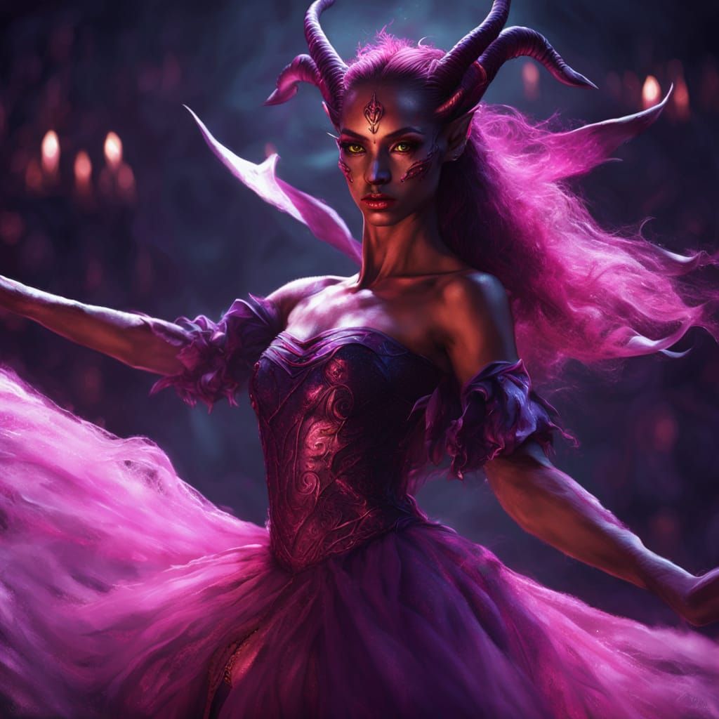 Elegant Tiefling Ballerina in Dark Fantasy Setting