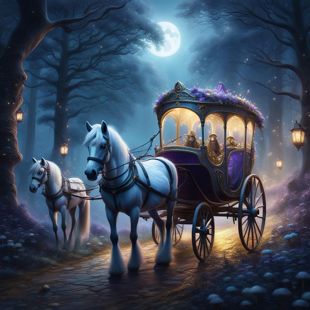 Misty Forest: Grey Pony and Carriage in Moonlight