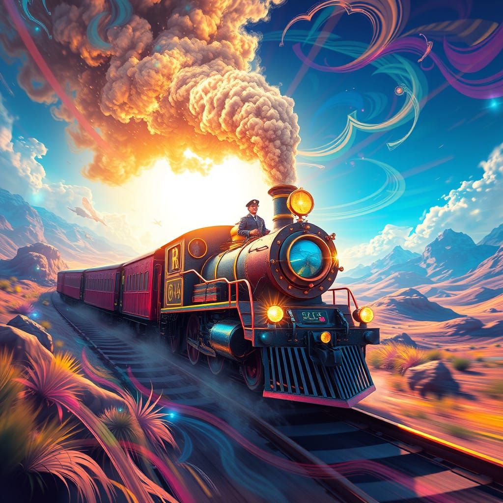 Mystical Train Conductor Oli Speeds Through Sunlit Landscape