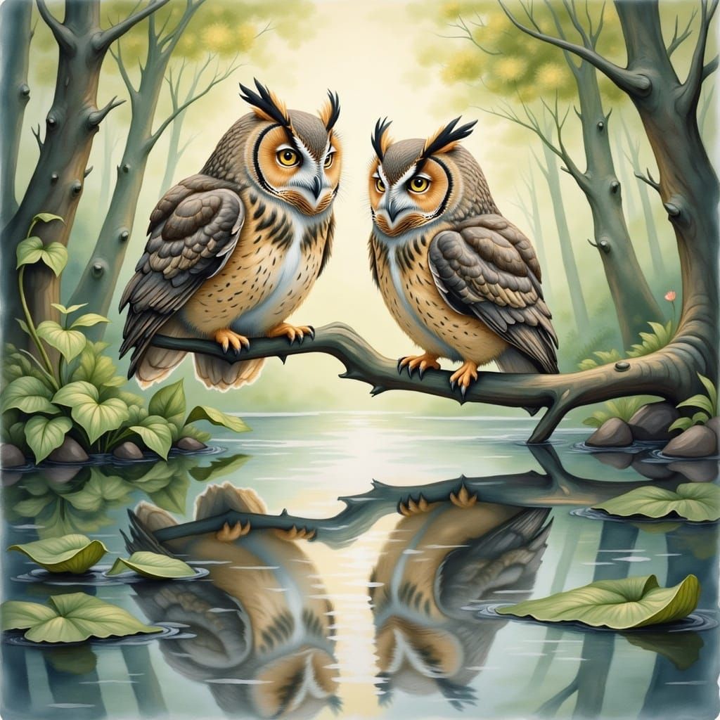 Serene Pair of Owls in Ethereal Forest Landscape