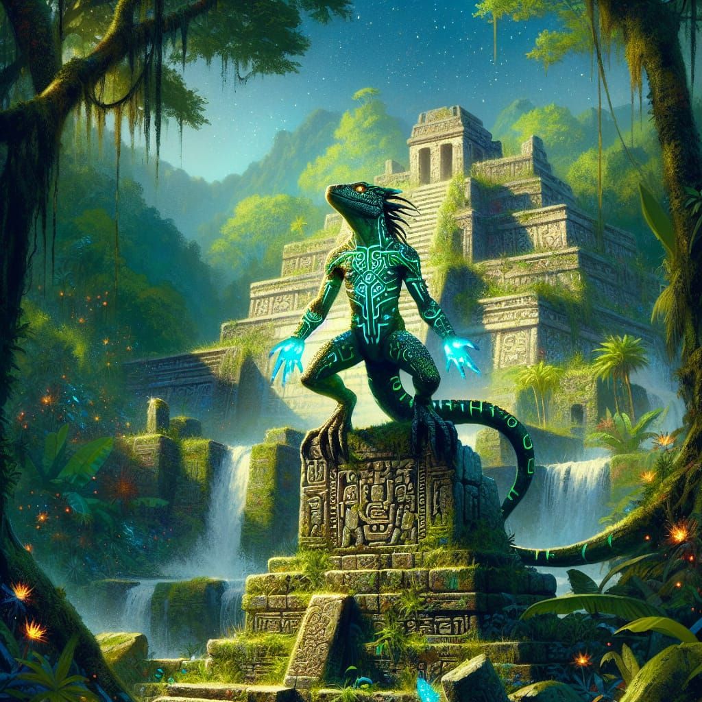 Lizard Shaman in Mesoamerican Ruins Digital Art