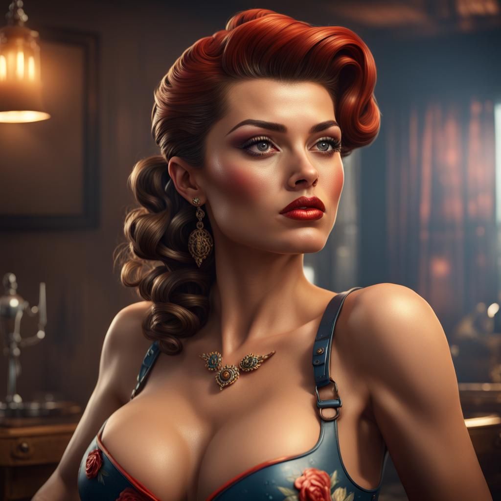 Hyperrealistic Pinup Girl in Detailed Matte Painting