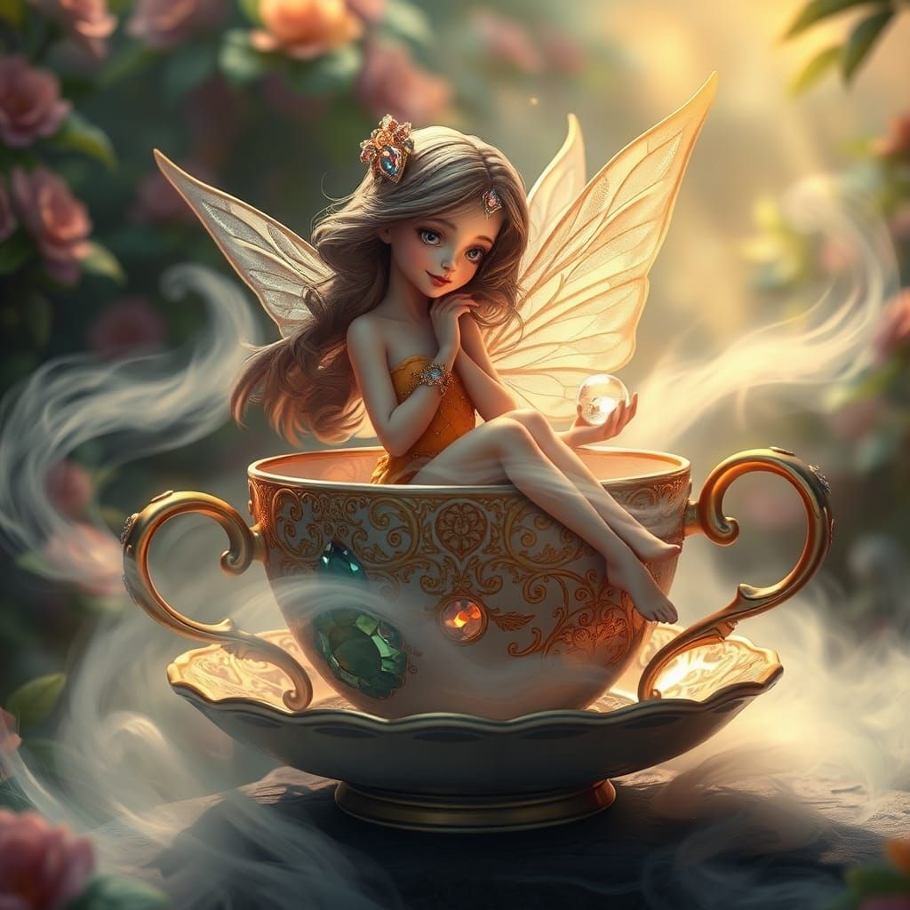 Enchanting Fairy in Jeweled Teacup, Matte Painting