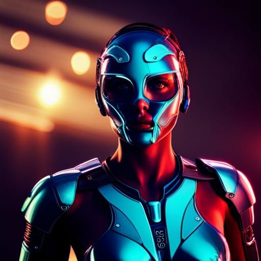 Cyborg Girl in Neon City, Detailed Matte Painting