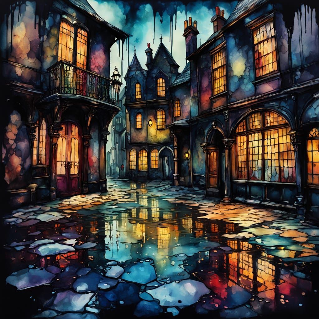 Moody Victorian Courtyard Background in Alcohol Ink Style
