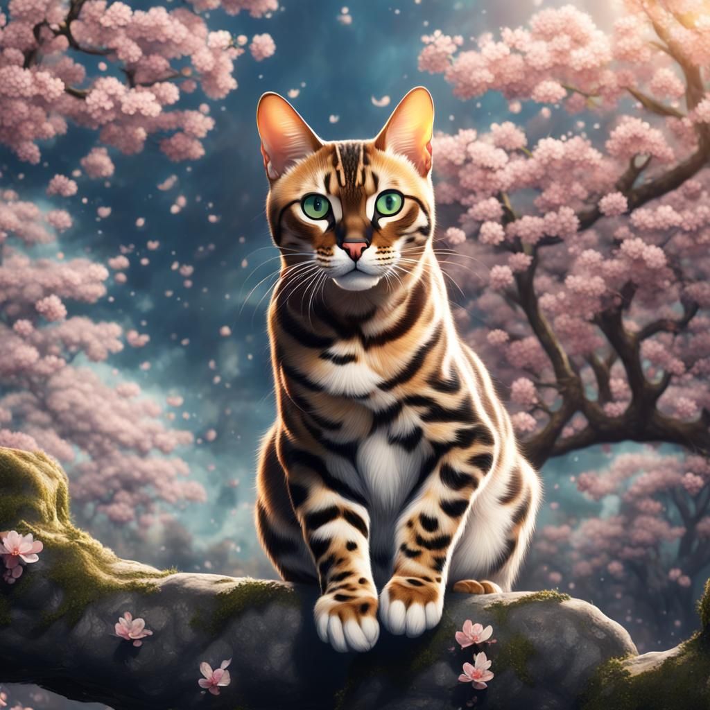 Majestic Bengal Cat in Oriental Cherry Garden