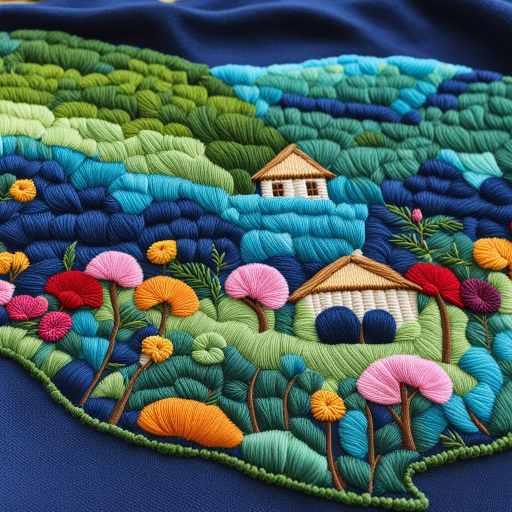 Embroidery Art of Peaceful Village Scene