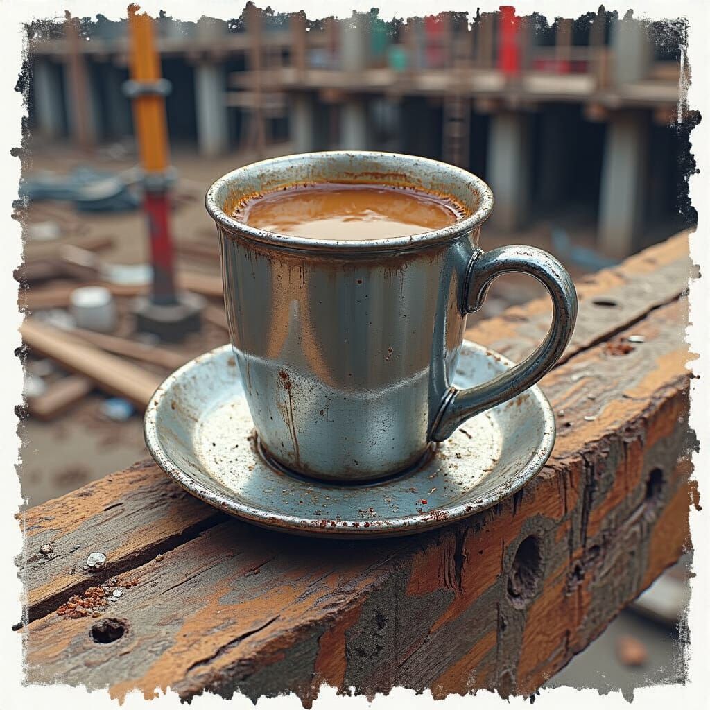Coffee Cup on Beam in Vibrant Sketch Ink Style