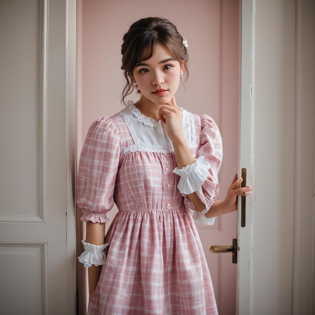 Boy in Pink Babydoll Dress Peeking Behind Door