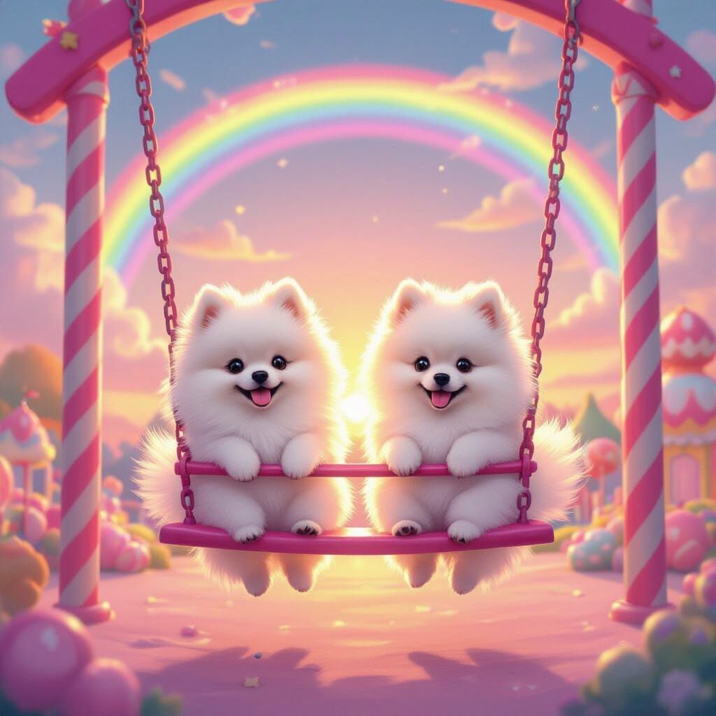 Pomeranians Swinging in Candy Land Playground at Sunset