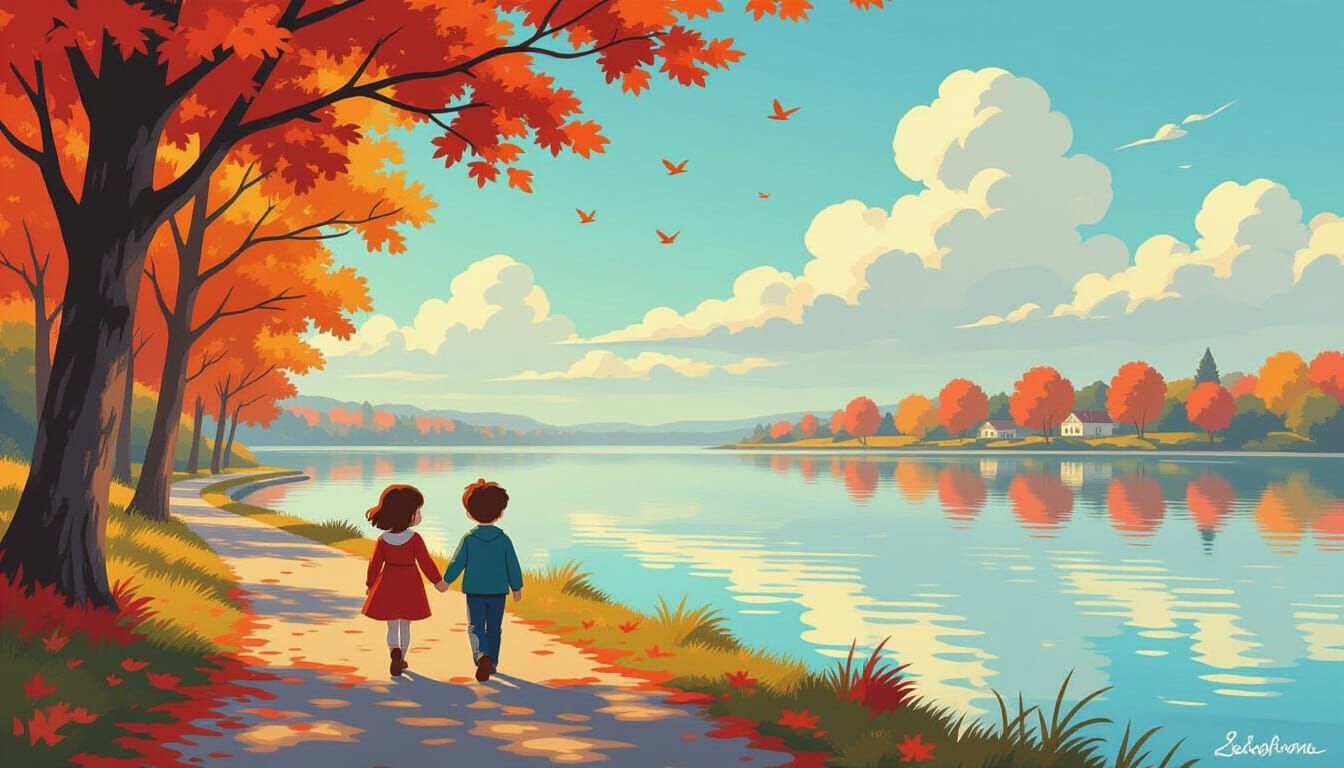 Boy and Girl Walk Lakeside Path in Autumn Oil Painting