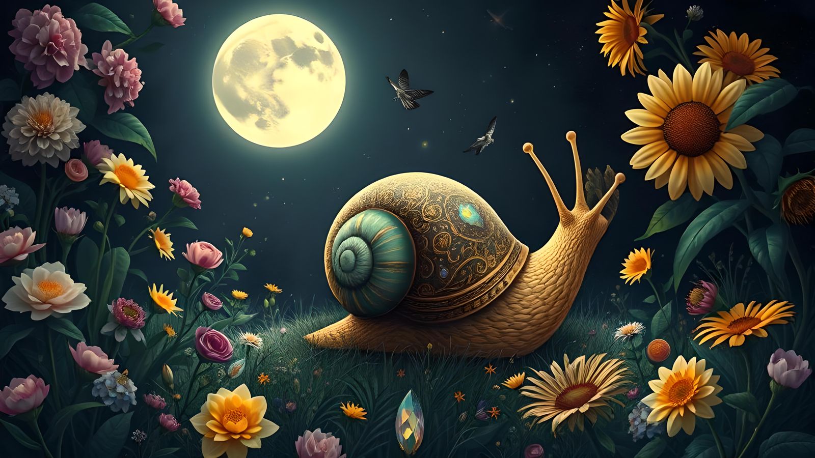 Enchanted Gemstone Snail in Moonlight Meadow